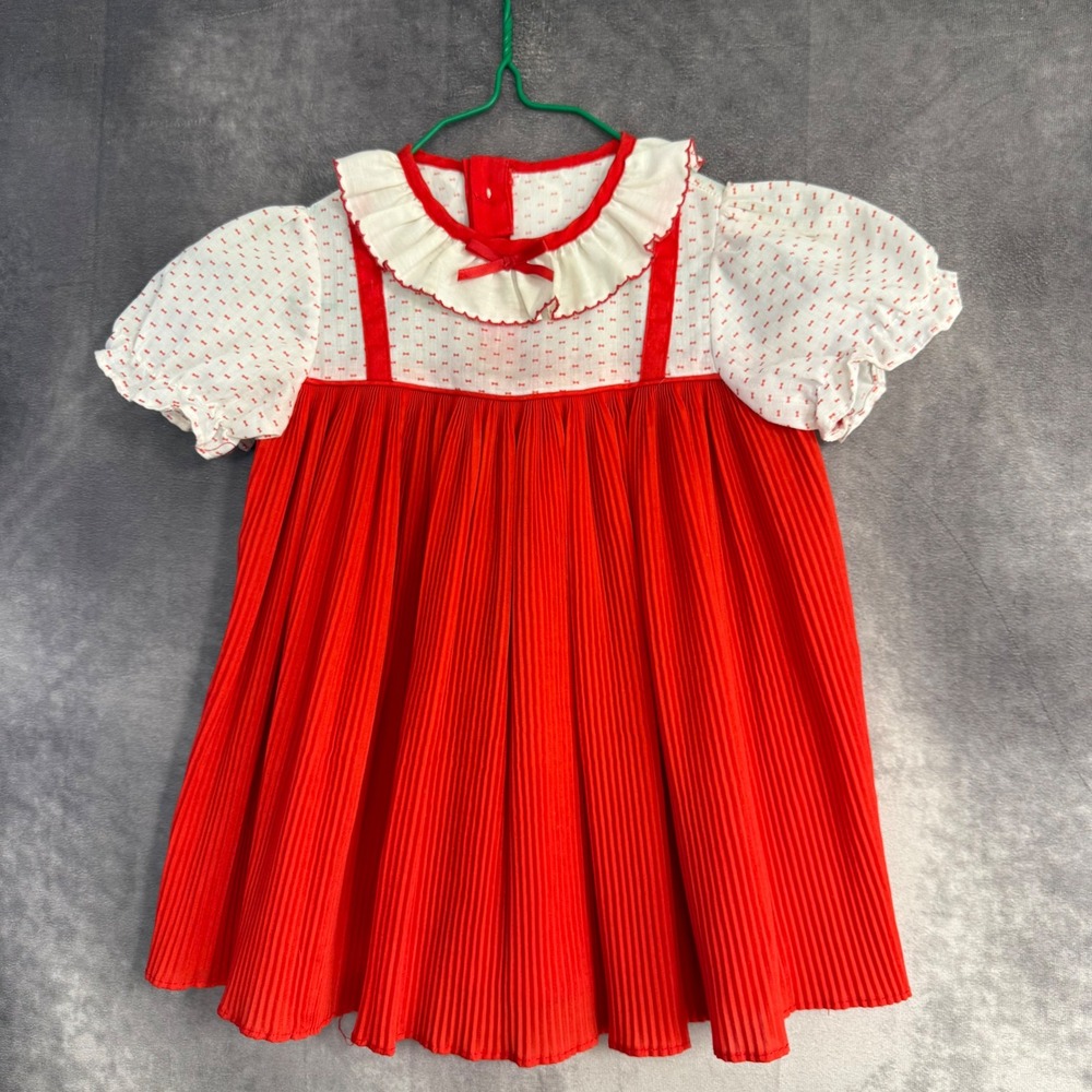 Vintage Toddler Girls Red White Pleated Ruffle Collar Bow Print Dress